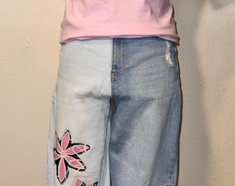 Flower jeans with different colored legs