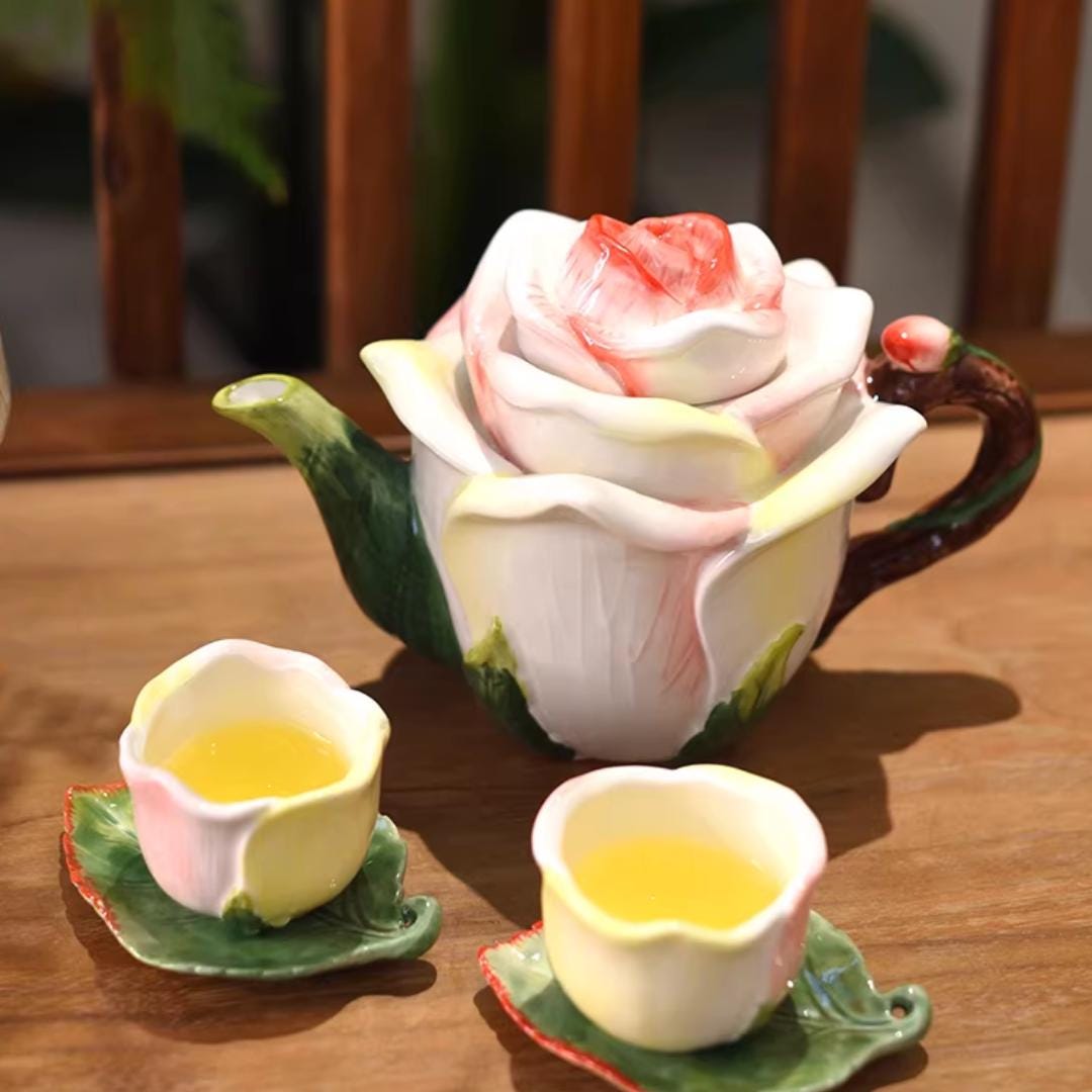 Unique Design Tea Pan 3D Pink Rose Ceramic Tea Pot With Cups, Floral Ceramic Tea Set, Vintage ...