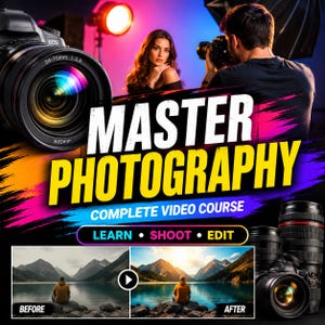 May include: A promotional graphic for a photography course titled MASTER PHOTOGRAPHY COMPLETE VIDEO COURSE. It features a camera lens, a person photographing a model, and a before-and-after comparison of a landscape photo with the text LEARN SHOOT EDIT.