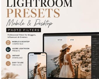 May include: A promotional image for Lightroom presets. The image features a laptop and smartphone displaying before and after photo editing examples. Text includes "LIGHTROOM PRESETS," "Mobile & Desktop," and "PHOTO FILTERS." Additional text highlights features like instant download and easy use.
