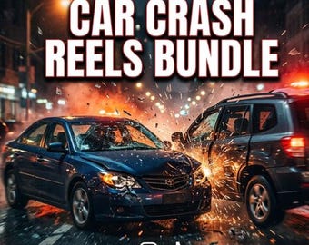 Könnte beinhalten: Digitalgrafik einer Autounfallszene. Eine dunkelblaue Limousine kollidiert mit einem dunklen SUV, Funken fliegen. Der Text "CAR CRASH REELS BUNDLE" steht oben. Social-Media-Symbole unten.