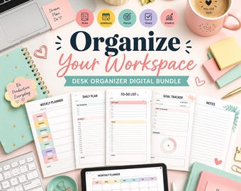Könnte beinhalten: Ein digitales Schreibtisch-Organizer-Set mit Wochenplaner, Tagesplan, Aufgabenliste, Zielverfolgung und Notizseiten. Das Set enthält einen Laptop, eine rosa Tasse mit Text, Haftnotizen, ein Tablet mit Monatsplaner und Bürobedarf.