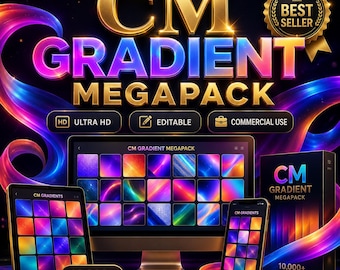 Könnte beinhalten: Eine digitale Produktanzeige mit dem Text CM GRADIENT MEGAPACK und einem goldenen BEST SELLER-Abzeichen. Das Bild zeigt einen Computermonitor, ein Tablet und ein Smartphone mit bunten Farbverlaufsquadraten sowie eine Box mit der Aufschrift CM GRADIENT MEGAPACK.