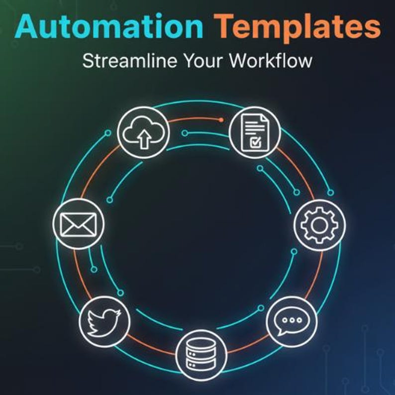 Puede incluir: Imagen con el texto "Automation Templates" y "Streamline Your Workflow". El gr&aacute;fico muestra un diagrama circular con iconos que representan almacenamiento en la nube, documentos, configuraciones y otros elementos del flujo de trabajo, conectados por l&iacute;neas.
