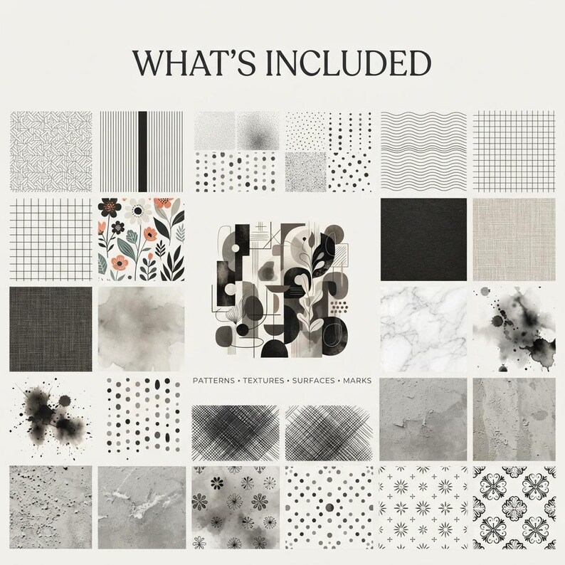 May include: A digital collection titled WHAT'S INCLUDED featuring a central abstract graphic surrounded by various square tiles displaying patterns, textures, surfaces, and marks. Designs include grids, dots, floral motifs, marble, ink splatters, and cross-hatching in black, white, and gray tones.