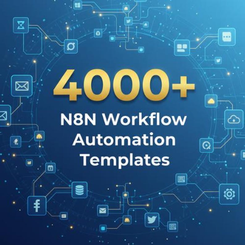 Puede incluir: Gr&aacute;fico digital sobre fondo azul con el texto "4000+" en dorado. Debajo, el texto dice "N8N Workflow Automation Templates" en blanco. La imagen est&aacute; decorada con varios iconos y l&iacute;neas digitales, sugiriendo un tema tecnol&oacute;gico o de software.