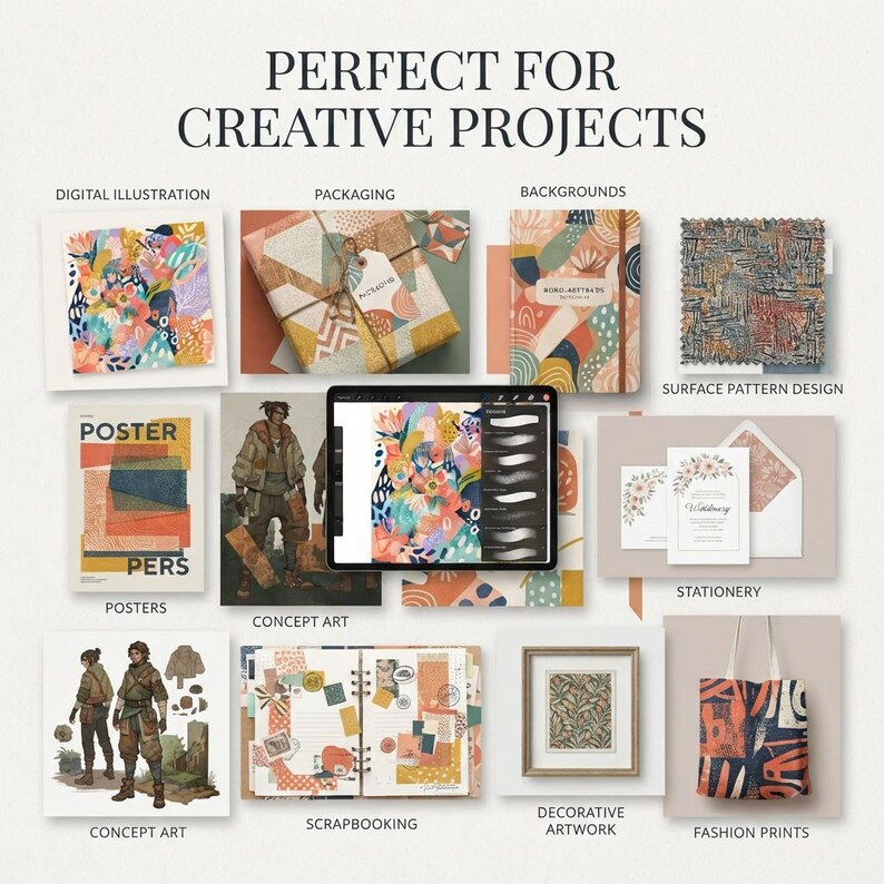 May include: A collage of creative project examples featuring digital illustrations, patterned gift packaging, a notebook, surface pattern designs, posters, concept art, stationery, scrapbooking pages, framed artwork, and a tote bag with abstract prints.