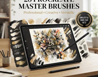 Könnte beinhalten: Ein digitales Tablet zeigt eine Blumenillustration mit dem Text 28 BRUSHES. Der Bildschirm zeigt eine Sammlung von 28 Procreate Master Brushes, Professional, Creative, Versatile, und ein goldenes Digital Brush Set Abzeichen. Ein Stift liegt auf dem Tisch.