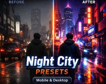 Presets de Lightroom Night City: filtros urbanos oscuros y melancólicos, estética neón, para móviles y ordenadores (DNG + XMP), fotografía nocturna para Instagram.