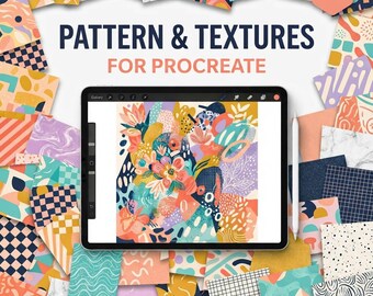 Könnte beinhalten: Ein digitales Tablet mit einer farbenfrohen abstrakten Blumenillustration, umgeben von einer Collage aus verschiedenen grafischen Mustern und Texturen. Der Text PATTERN & TEXTURES FOR PROCREATE steht zentriert über dem Bildschirm in Dunkelblau und Pink.