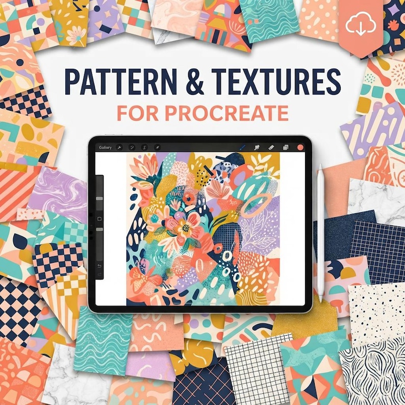 May include: A digital tablet displaying a colorful abstract floral illustration, surrounded by a collage of various graphic patterns and textures. The text PATTERN & TEXTURES FOR PROCREATE is centered above the tablet screen in dark blue and pink.