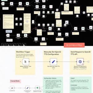 Puede incluir: Un diagrama de flujo de trabajo con nodos interconectados y etiquetas de texto. El diagrama incluye pasos como "Workflow Trigger", "Manually Set OpenAI TTS Configuration" y "Send Request to OpenAI TTS API". Fondo negro con elementos blancos y amarillos.