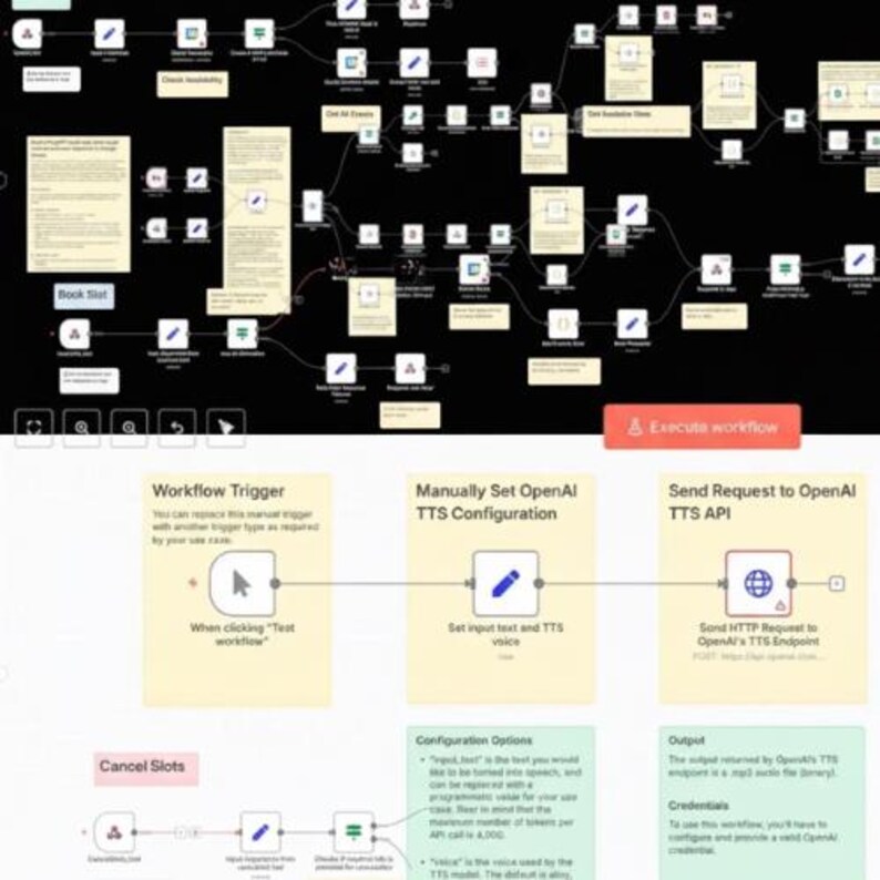 Puede incluir: Un diagrama de flujo de trabajo con nodos interconectados y etiquetas de texto. El diagrama incluye pasos como "Workflow Trigger", "Manually Set OpenAI TTS Configuration" y "Send Request to OpenAI TTS API". Fondo negro con elementos blancos y amarillos.