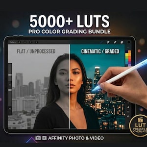 May include: A digital tablet displays a split image, showcasing color grading. The left side shows a grayscale image labeled "FLAT / UNPROCESSED," while the right side, labeled "CINEMATIC / GRADED," is color-enhanced. The text "5000+ LUTS PRO COLOR GRADING BUNDLE" is at the top.