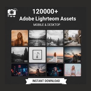 May include: A promotional image for Adobe Lightroom assets. The image features a grid of sample photos with the text "120000+ Adobe Lightroom Assets" and "Mobile & Desktop." The words "Instant Download" are also present.