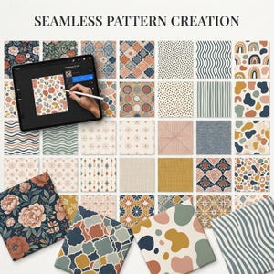 May include: A digital tablet displaying the text SEAMLESS PATTERN CREATION above a grid of various graphic designs including floral, geometric, polka dot, wavy, and abstract shapes in muted tones of blue, orange, pink, and cream.