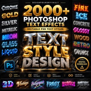 Op de afbeelding: Een digitale downloadadvertentie voor 2000+ Photoshop-teksteffecten met de tekst DESIGNFOUNDRYVAULT, 2000+ PHOTOSHOP TEXT EFFECTS, EDITABLE PSD TEXT STYLES en TEXT STYLE DESIGN. De afbeelding toont verschillende 3D-metalen, neon- en getextureerde stijlen.