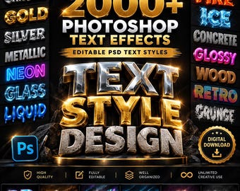 May include: A digital download advertisement for 2000+ Photoshop text effects featuring the text DESIGNFOUNDRYVAULT, 2000+ PHOTOSHOP TEXT EFFECTS, EDITABLE PSD TEXT STYLES, and TEXT STYLE DESIGN. The image displays various 3D metallic, neon, and textured styles.