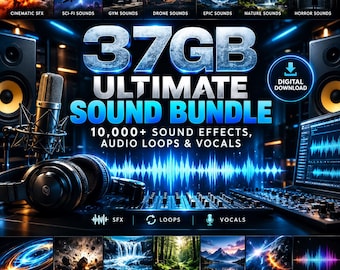 May include: A digital download product titled 37GB ULTIMATE SOUND BUNDLE featuring 10,000+ sound effects, audio loops, and vocals. The graphic displays a studio setup with a microphone, headphones, speakers, and a laptop showing audio waveforms.