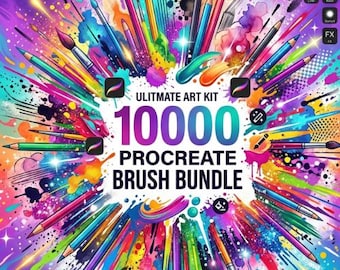 Puede incluir: Anuncio colorido de un kit de arte digital. La imagen presenta una explosión de lápices, pinceles y salpicaduras de pintura. El texto dice "ULTIMATE ART KIT 10000 PROCREATE BRUSH BUNDLE" en negrita, sugiriendo un recurso de arte digital completo.