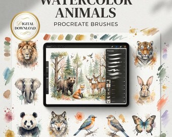 Könnte beinhalten: Ein digitales Download-Set mit Aquarell-Tier-Procreate-Pinseln, das einen Tablet-Bildschirm mit einer Waldszene mit Bär, Fuchs und Hirschen zeigt. Um das Tablet herum befinden sich einzelne Aquarellillustrationen von Löwe, Elefant, Panda, Wolf, Vögeln, Schmetterling, Tiger und Hase.