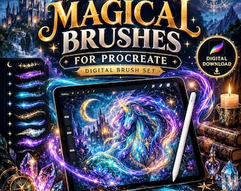 Puede incluir: Un conjunto de pinceles digitales para Procreate titulado MAGICAL BRUSHES FOR PROCREATE DIGITAL BRUSH SET. La imagen muestra una tableta con una ilustración de unicornio, un lápiz óptico blanco y una lista de efectos brillantes.