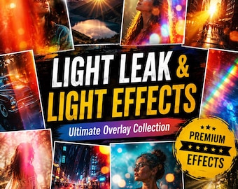Könnte beinhalten: Eine digitale Sammlung von Light-Leak- und Lichteffekt-Overlays mit verschiedenen fotografischen Szenen, darunter Porträts, Stadtansichten und Landschaften mit lebendigen Linseneffekten, Bokeh und Sonnenstrahlen, beschriftet mit LIGHT LEAK & LIGHT EFFECTS.