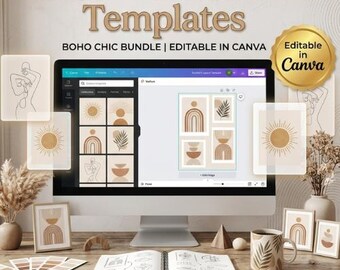 Könnte beinhalten: Ein digitaler Bildschirm mit 28 Canva-Wandkunstvorlagen, die abstrakte Sonnen-, Blatt- und geometrische Designs in Beige- und Brauntönen zeigen. Der Bildschirm enthält den Text 28 Canva Wall Art Templates, Boho Chic Bundle, Editable in Canva.