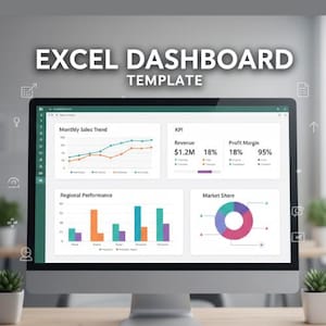 May include: A computer monitor showing an Excel dashboard template. The screen displays charts and graphs for monthly sales trends, regional performance, market share, and key performance indicators (KPIs). Text on the screen includes "Revenue", "Profit Margin", and "£1.2M".