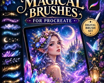 Puede incluir: Un conjunto de pinceles digitales para Procreate que presenta una colección de trazos con temática mágica a la izquierda, incluyendo destellos, nubes, cristales y estrellas. La imagen principal muestra una ilustración de fantasía de un elfo.