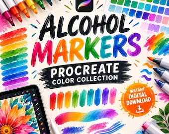 Könnte beinhalten: Eine digitale Kunstressource mit dem Titel ALCOHOL MARKERS PROCREATE COLOR COLLECTION, die eine Regenbogen-Farbpalette, Marker-Farbmuster, ein Procreate-Symbol und ein Tablet mit einer lebendigen Blumenillustration sowie ein orangefarbenes Abzeichen für den sofortigen digitalen Download zeigt.