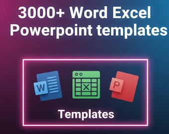 May include: A digital graphic with the text "3000+ Word Excel Powerpoint templates." The image includes icons for Word, Excel, and Powerpoint, with the word "Templates" below. The seller's name, "iqrapresets&digitals," is at the bottom.