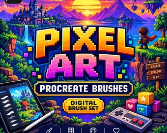 Könnte beinhalten: Ein digitales Pinselset für Procreate mit Pixel-Art-Grafiken. Das Bild zeigt eine lebendige Landschaft mit Burg, Sonnenuntergang und einer Figur sowie ein Tablet mit Eingabestift, einen Gamecontroller und bunte Blöcke.