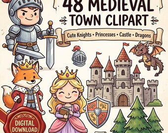 Könnte beinhalten: Eine digitale Sammlung von 48 mittelalterlichen Stadt-Cliparts mit einem Ritter in Rüstung mit Schwert, einem Fuchs mit Krone und königlichem Umhang, einer Prinzessin im rosa Kleid, einer Burg aus Stein, einem Drachen, einem Schild, Bäumen und einem Helm.