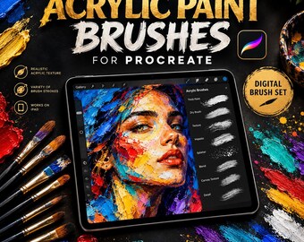 Könnte beinhalten: Ein digitales Pinselset für Procreate mit dem Titel Premium Acrylic Paint Brushes, das ein Tablet mit einem farbenfrohen Porträt zeigt, umgeben von physischen Pinseln und leuchtenden Acrylfarben auf schwarzem Hintergrund.