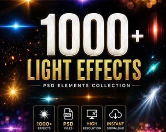 Könnte beinhalten: Eine digitale Sammlung mit dem Titel 1000+ LIGHT EFFECTS PSD ELEMENTS COLLECTION mit lebendigen Lens Flares, Bokeh und Lichtpartikeln auf schwarzem Hintergrund. Enthält Symbole für 1000+ Effekte, PSD-Dateien und hohe Auflösung.
