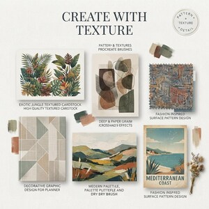 May include: A digital collection titled CREATE WITH TEXTURE featuring various graphic designs including jungle foliage, abstract shapes, textured fabric patterns, geometric planner layouts, landscape paintings, and a Mediterranean coast illustration.