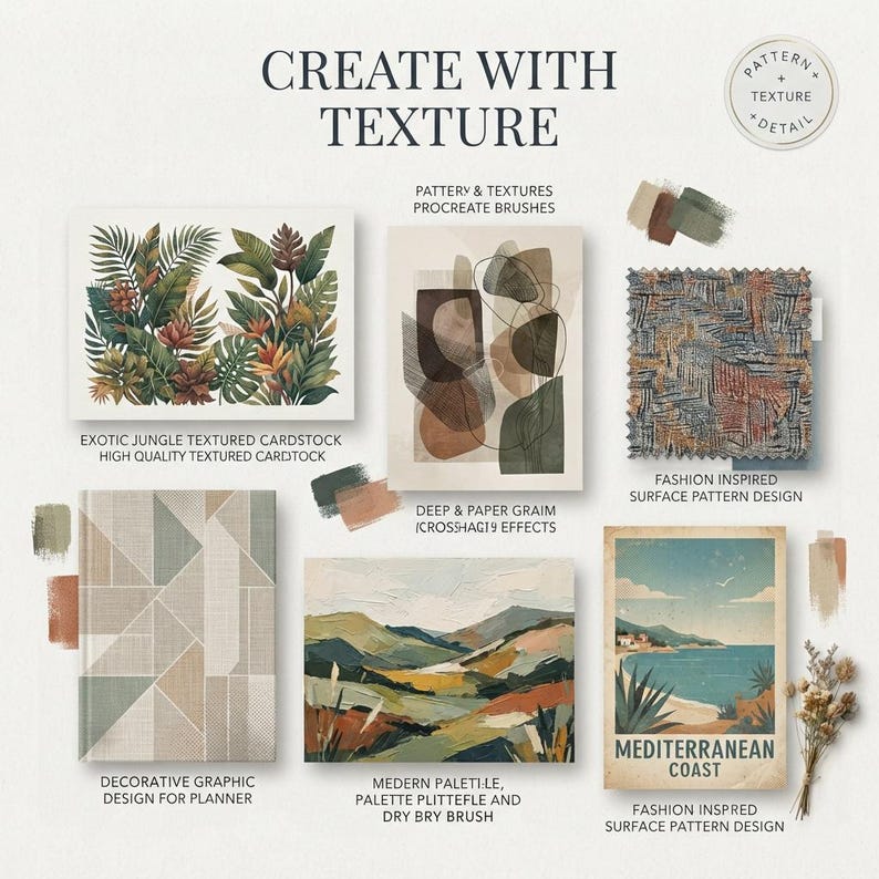 May include: A digital collection titled CREATE WITH TEXTURE featuring various graphic designs including jungle foliage, abstract shapes, textured fabric patterns, geometric planner layouts, landscape paintings, and a Mediterranean coast illustration.