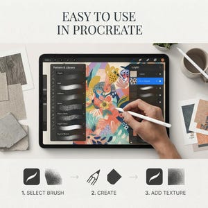 May include: A tablet displaying the Procreate interface with a colorful abstract floral illustration, a pattern library menu, and layer settings. The text EASY TO USE IN PROCREATE appears above, with a three-step instructional graphic below.