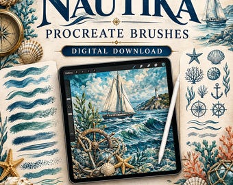 Könnte beinhalten: Ein digitales Tablet mit einem maritimen Gemälde eines Segelboots und Leuchtturms, umgeben von Illustrationen von Muscheln, Korallen, Kompass und Anker. Der Text lautet NAUTIKA PROCREATE BRUSHES DIGITAL DOWNLOAD.