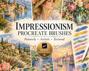 Könnte beinhalten: Ein digitales Download-Set von Impressionism Procreate-Pinseln mit dem Text Impressionism Procreate Brushes, Painterly, Artistic, Textured und Digital Download. Das Bild zeigt verschiedene farbenfrohe Ölgemälde.