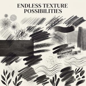 May include: A digital collection of black and white artistic textures featuring the text ENDLESS TEXTURE POSSIBILITIES. The image displays various stroke patterns including dots, cross-hatching, wavy lines, scribbles, and botanical leaf shapes.