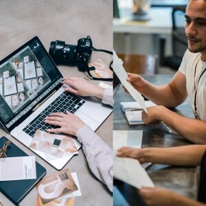 Puede incluir: Imagen dividida que muestra a una persona trabajando en una computadora port&aacute;til, editando fotos, y a otra persona revisando documentos. Una c&aacute;mara negra est&aacute; al lado de la computadora port&aacute;til. Otros elementos incluyen un cuaderno, una tarjeta de memoria y fotos impresas.