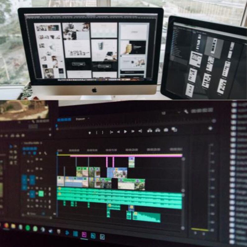 Puede incluir: Dos monitores de ordenador que muestran dise&ntilde;os de dise&ntilde;o web e interfaces de software de edici&oacute;n de v&iacute;deo. El monitor principal muestra una variedad de maquetas de sitios web, mientras que el otro muestra una l&iacute;nea de tiempo de v&iacute;deo con m&uacute;ltiples pistas y elementos codificados por colores.