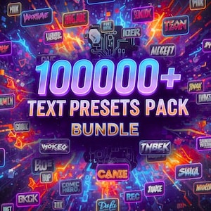 May include: A digital graphic with a purple and blue neon design. The image features the text "100000+ TEXT PRESETS PACK BUNDLE" in large, glowing letters. Surrounding text elements include various words in neon-style fonts.