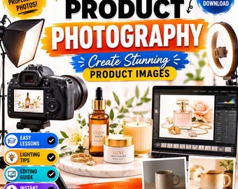 Könnte beinhalten: Ein digitaler Leitfaden mit dem Titel Learn Product Photography, der eine Spiegelreflexkamera auf einem Stativ, ein Ringlicht, einen Laptop mit Bildbearbeitungssoftware, ein Serum, eine Creme, eine Kerze und einen Tassenvergleich zeigt.