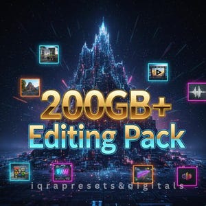 May include: A digital graphic promoting an editing pack. The image features a futuristic cityscape with the text "200GB+ Editing Pack" in gold and blue. Small square icons surround the text, with the text "iqrapresets&digitals" at the bottom.