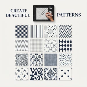 May include: A digital tablet displays a drawing interface with a stylus creating a grid pattern. Below, sixteen square tiles feature various dark blue and white designs, including checkers, stripes, polka dots, chevrons, waves, diamonds, stars, and hearts.