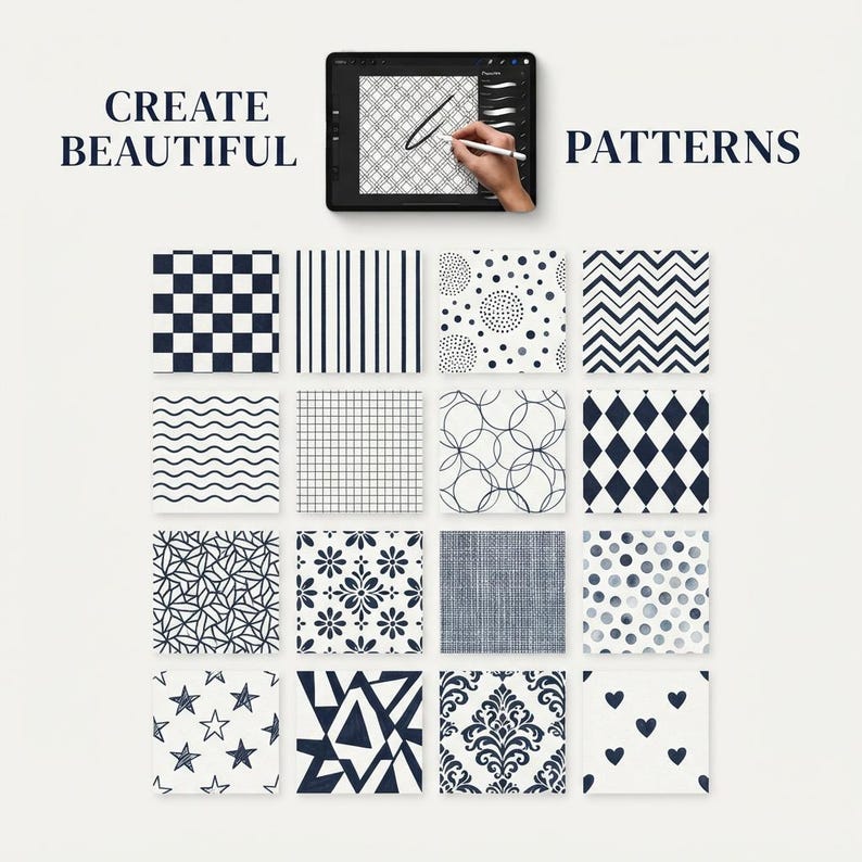 May include: A digital tablet displays a drawing interface with a stylus creating a grid pattern. Below, sixteen square tiles feature various dark blue and white designs, including checkers, stripes, polka dots, chevrons, waves, diamonds, stars, and hearts.