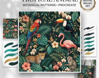 Könnte beinhalten: Ein digitales Pinselset mit dem Titel TROPICAL ANIMAL BOTANICAL PATTERNS PROCREATE, das einen dunkelgrünen Hintergrund mit einem bunten Ara, Tukan, Flamingo, Leoparden, Affen, Schmetterlingen sowie verschiedenen tropischen Blumen und Blättern zeigt.